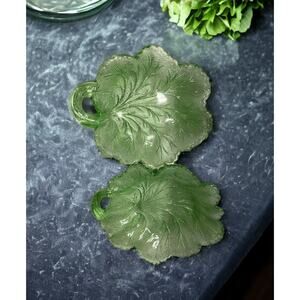 Lot of 2 Vintage Glass Cabbage Leaf Candy, Dessert, Salad Dishes 8.5"X7"&‎ 6"X7"